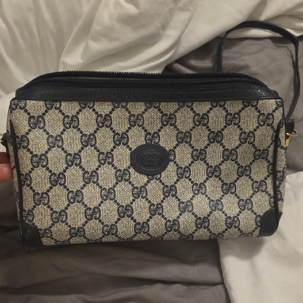 Gucci Vintage Beige and Navy Monogram Crossbody Bag